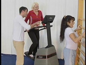 Granny and young babe engage in intense workout with triangle position