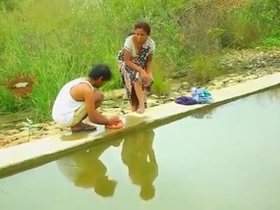 Indian aunty's big boobs bounce outdoors